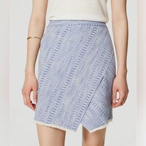 LOFT Blue and White Cotton Striped Tweed Wrap Skirt fringe hem Size 14